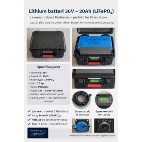 NYHET: Batteripakke til OlsenBlokk. 36V-20A, Lithium batteri LiFePO4. 