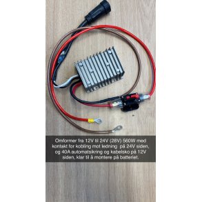 Omformer 12V-24V (28V), 20A, 560W til Profisher med 40A automats og kontakt for kobling mot kabel.